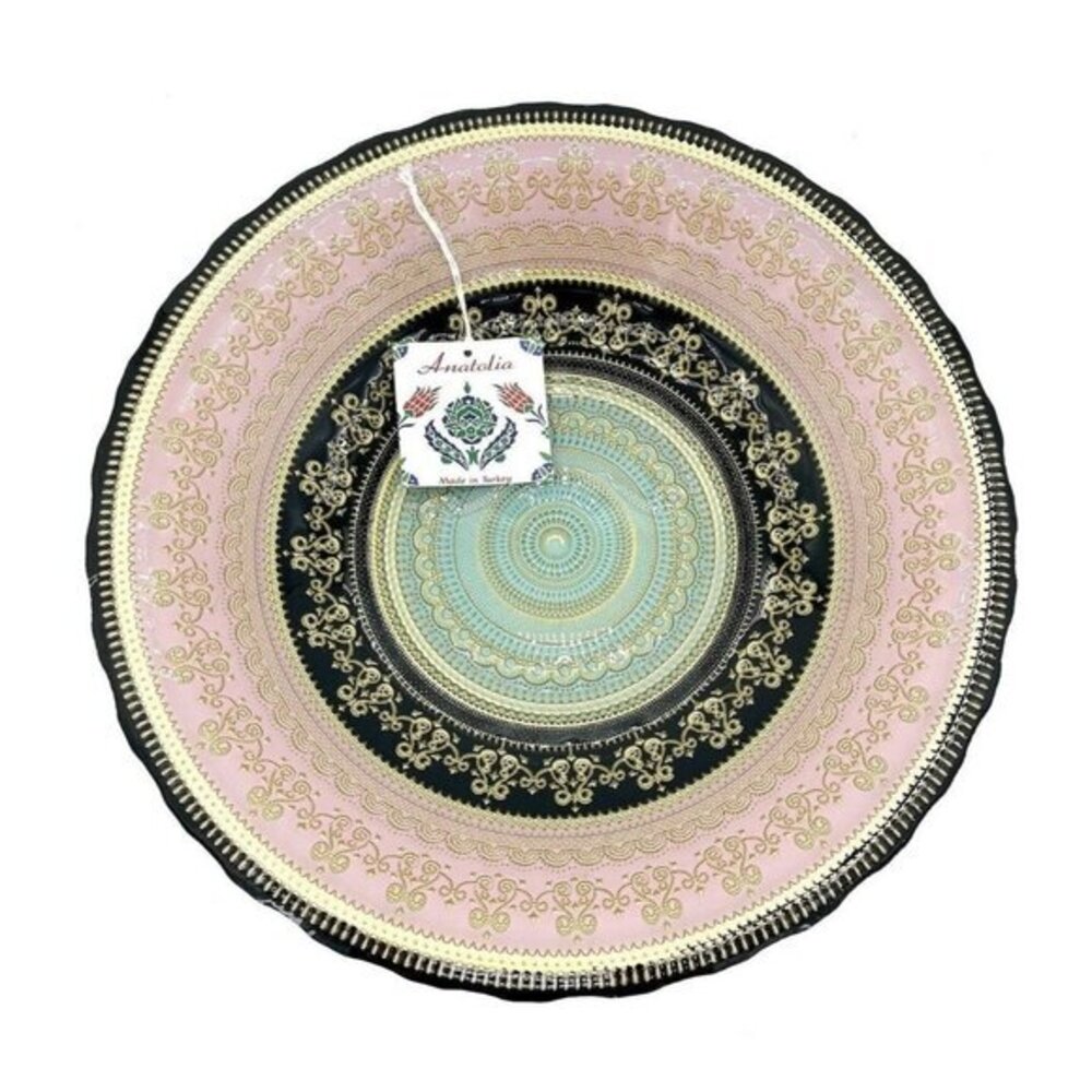 Turkish Glass Bowl Serving Dinner Pink Blue Gold Oriental Lace 15.5” NWT XL Pink